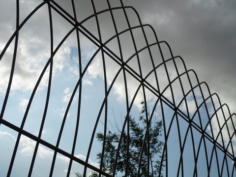 Metal lattice fence with geometric pattern overlaying sky and trees in background